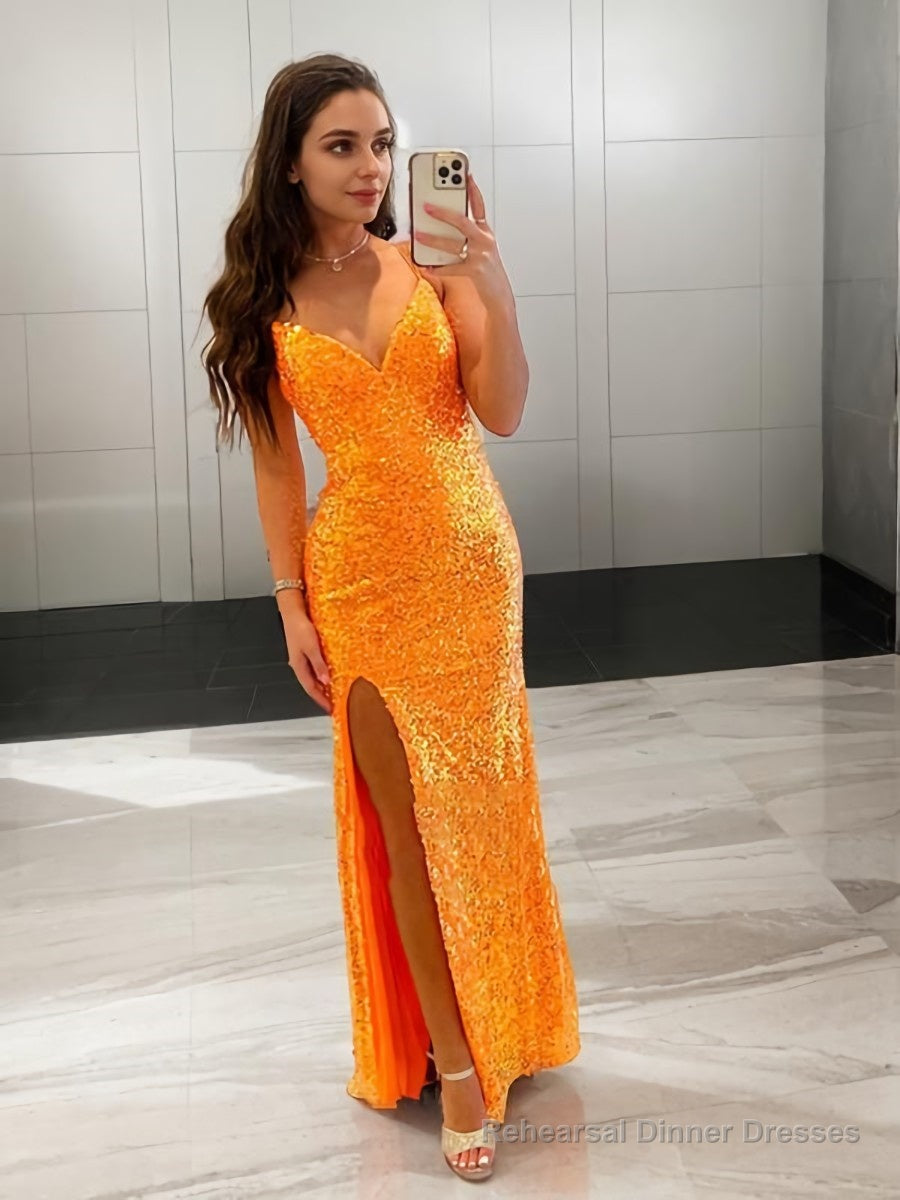 Sheath/Column V-neck Sweep Train Sequins Prom Dresses With Leg Slit Main image