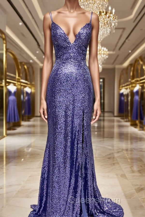 Sheath/Column V-neck Sweep Train Sequins Evening Prom Dress With Leg Slit Main image