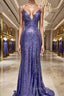 Sheath/Column V-neck Sweep Train Sequins Evening Prom Dress With Leg Slit