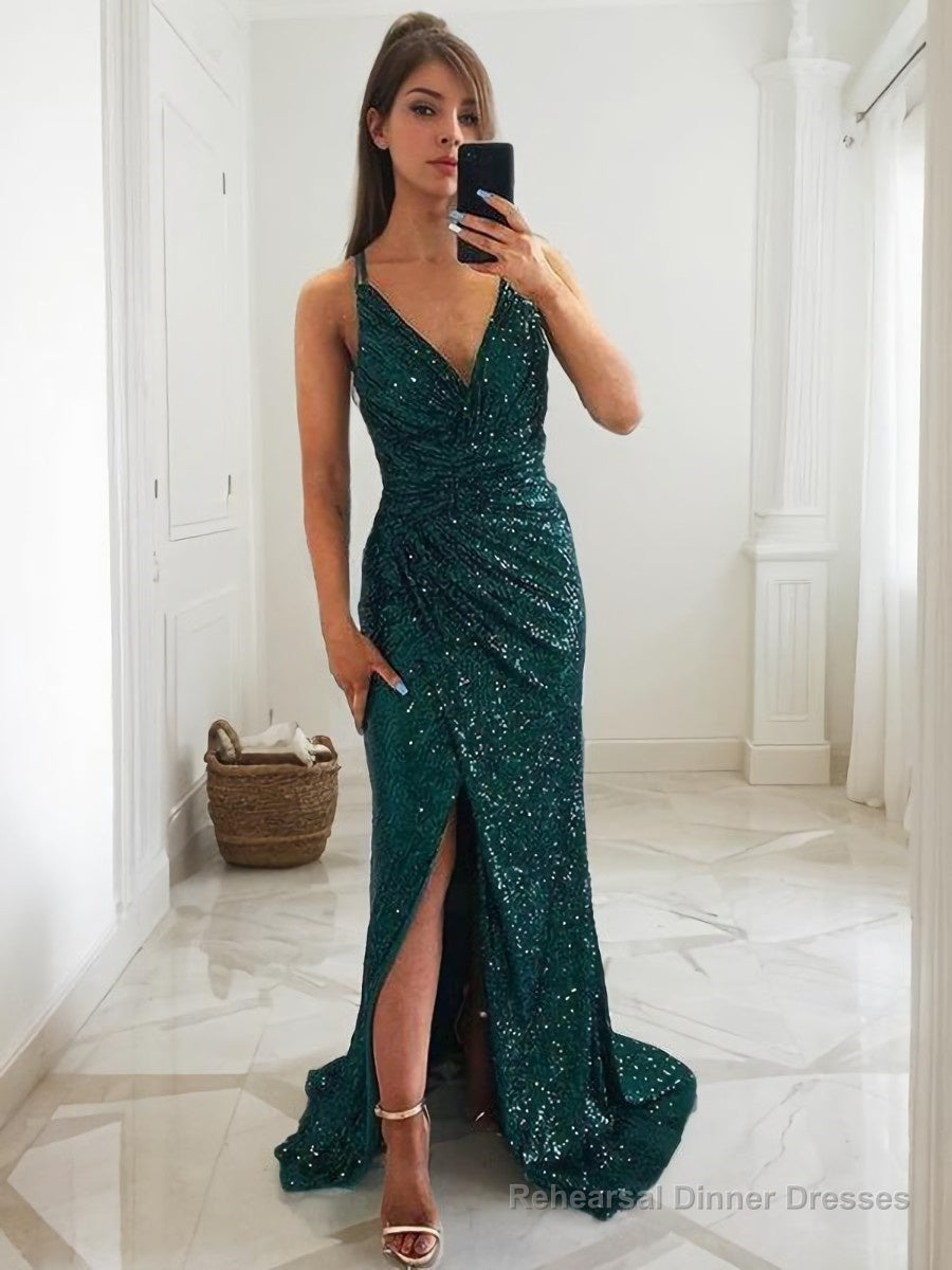 Sheath/Column V-neck Sweep Train Sequins Prom Dresses With Leg Slit Main image