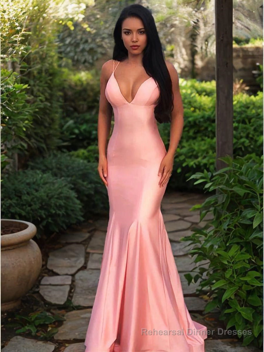 Sheath/Column V-neck Sweep Train Silk like Satin Prom Dresses Secondary image