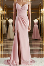 Sheath/Column V-neck Sweep Train Stretch Crepe Bridesmaid Dress with Leg Slit