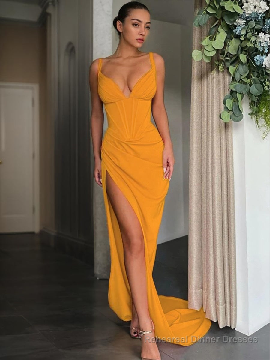 Sheath/Column V-neck Sweep Train Stretch Crepe Prom Dresses With Leg Slit Main image