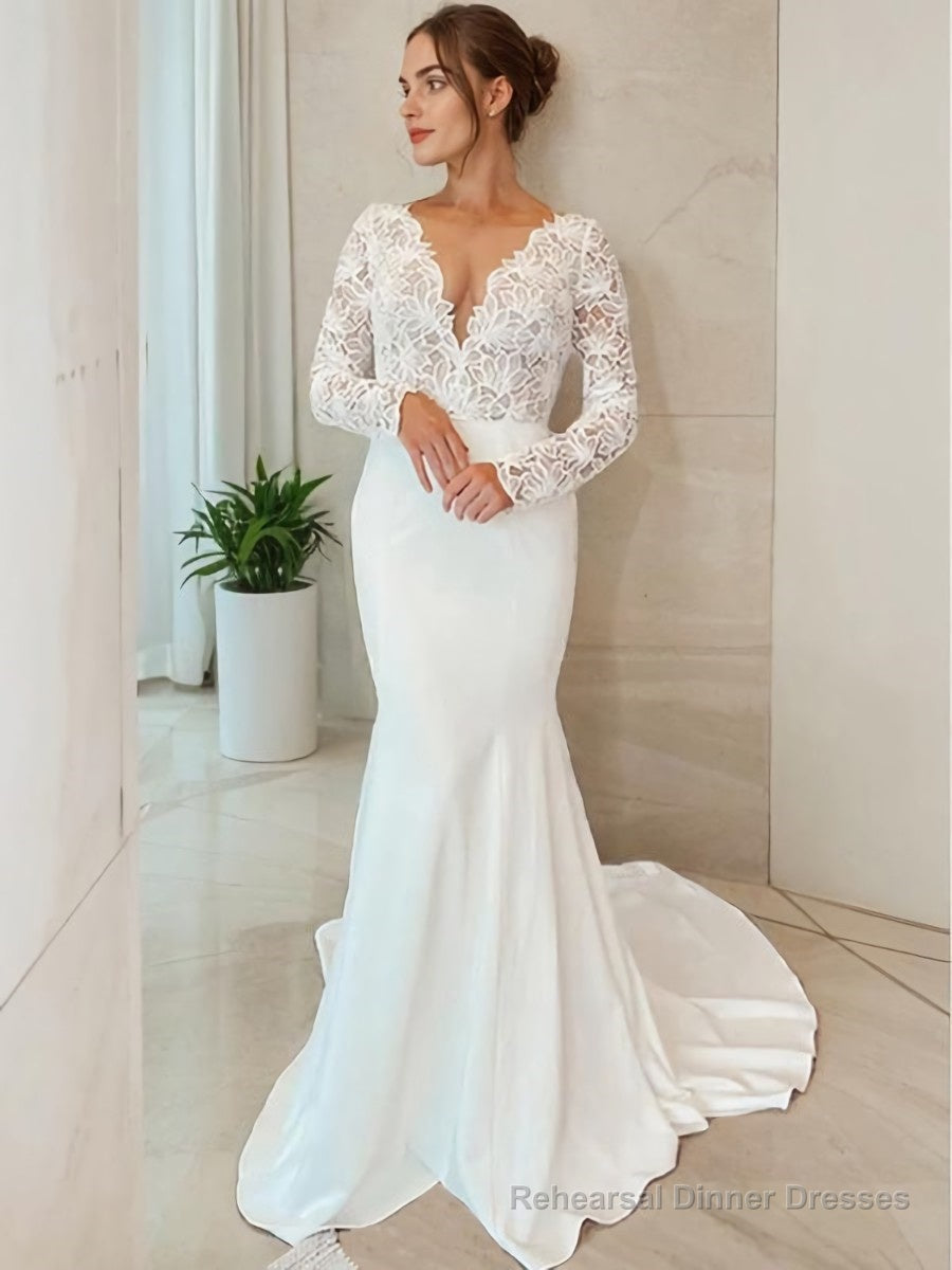Sheath/Column V-neck Sweep Train Stretch Crepe Wedding Dresses Main image