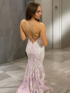 Sheath/Column V-neck Sweep Train Tulle Prom Dresses With Leg Slit