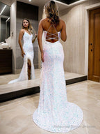Sheath/Column V-neck Sweep Train Velvet Sequins Prom Dresses With Leg Slit