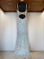 Sheath/Column V-neck Sweep Train Velvet Sequins Evening Prom Dress With Leg Slit
