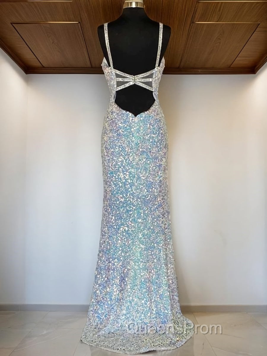 Sheath/Column V-neck Sweep Train Velvet Sequins Evening Prom Dress With Leg Slit