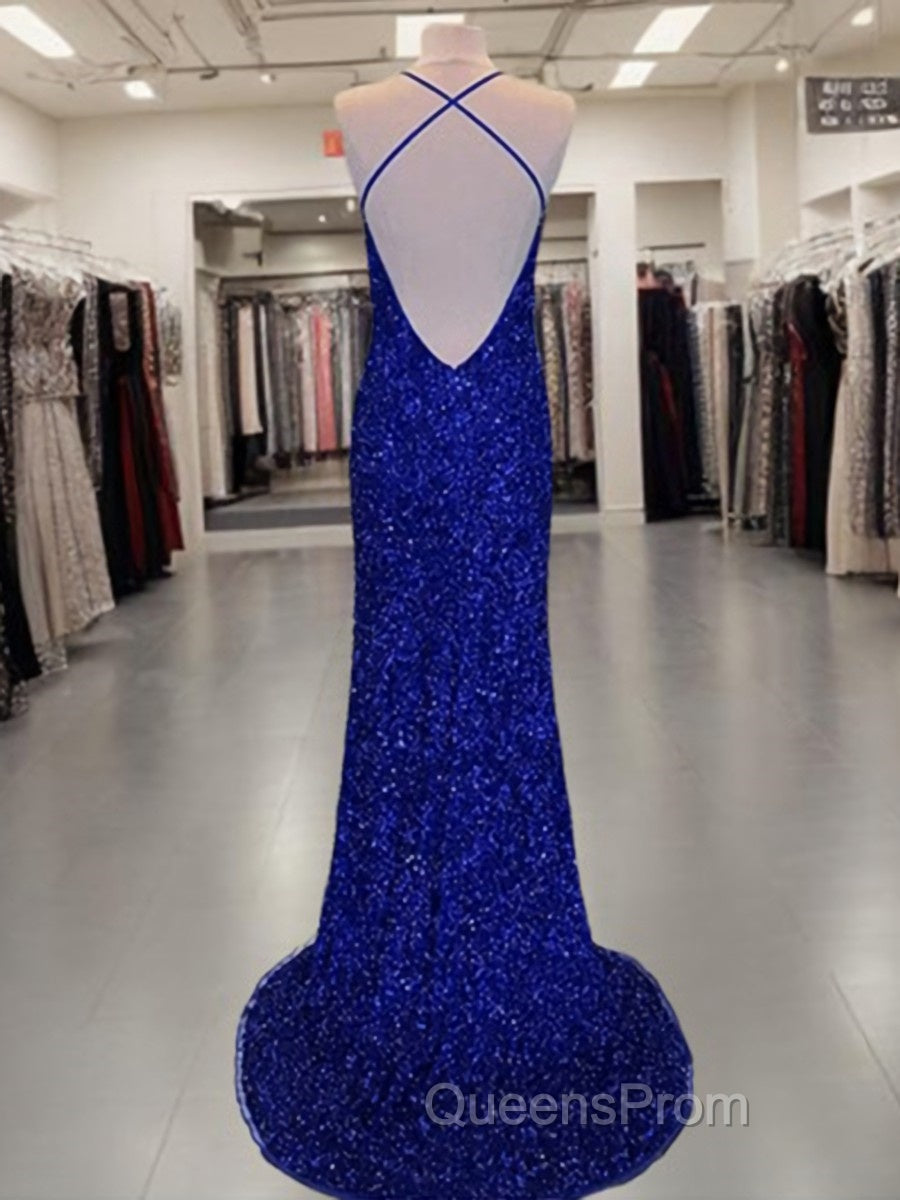 Sheath/Column V-neck Sweep Train Velvet Sequins Evening Prom Dress With Leg Slit Secondary image