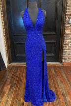 Sheath Deep V Neck Green Sequins Long Prom Dress with Split Front