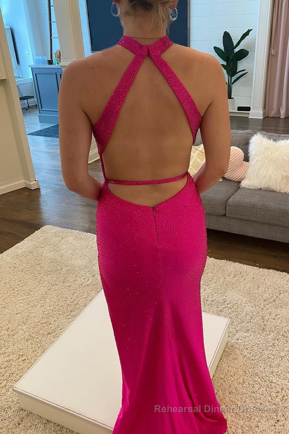 Sheath Halter Hot Pink Beading Long Prom Dress with Open Back Secondary image
