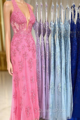 Sheath Halter Lace Tulle Evening Prom Dress with Appliques