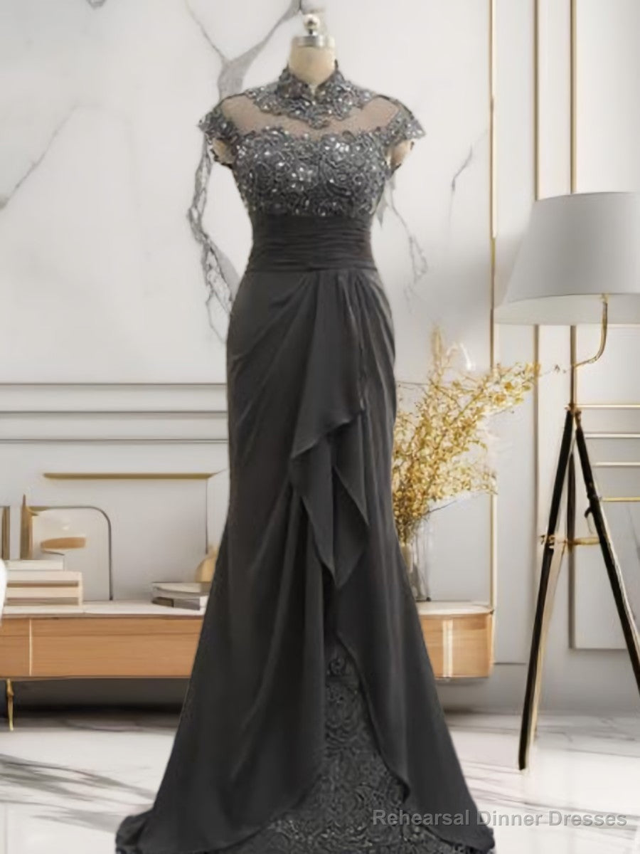 Sheath High Neck Short Sleeves Ruffles Sweep Train Chiffon Mother of the Bride Dress Main image