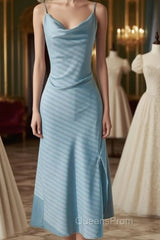 Sheath Light Sky Blue Cowl Neck Mini Bridesmaid Dress
