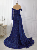 Sheath Long Sleeves Off-the-Shoulder Pleated Sweep Train Dress