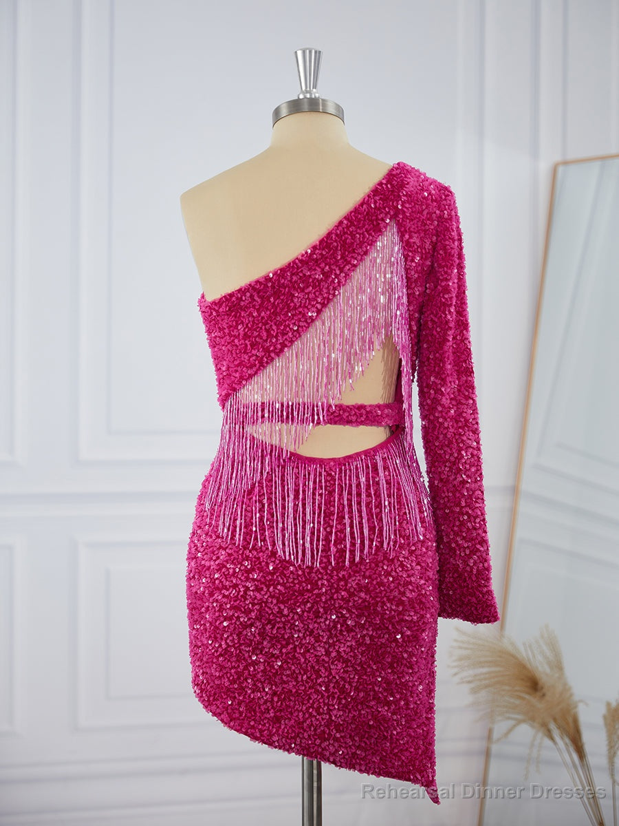 Sheath Long Sleeves Velvet Sequins One-Shoulder Short/Mini Dress Secondary image