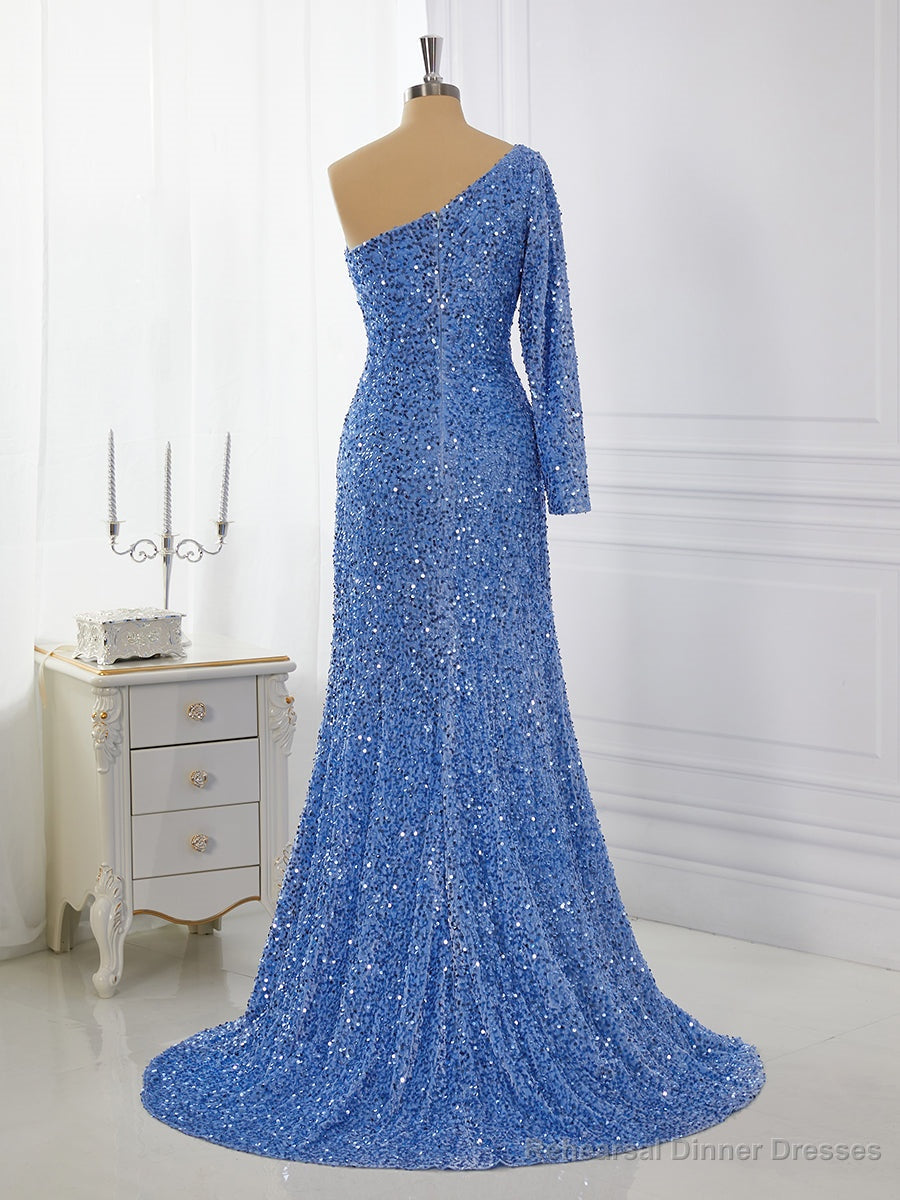 Sheath Long Sleeves Velvet Sequins One-Shoulder Sweep Train Dress Secondary image