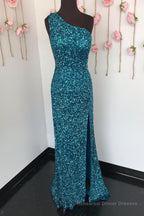 Sheath One Shoulder White Sequins Long Prom Dress with Split Front