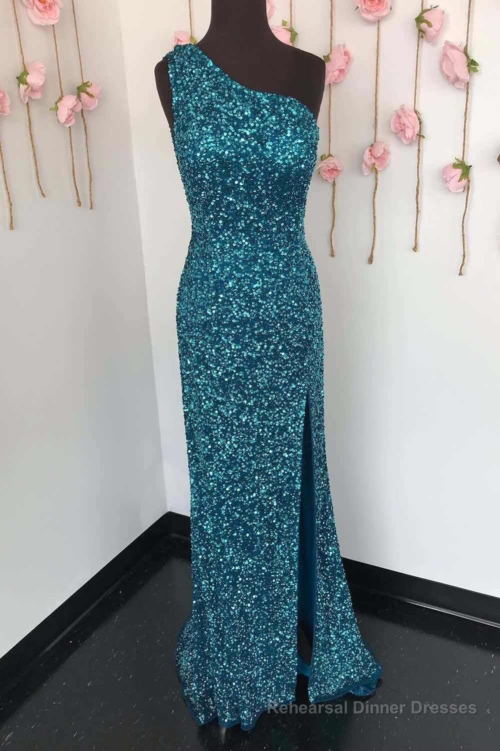 Sheath One Shoulder White Sequins Long Prom Dress with Split Front