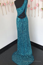 Sheath One Shoulder White Sequins Long Prom Dress with Split Front
