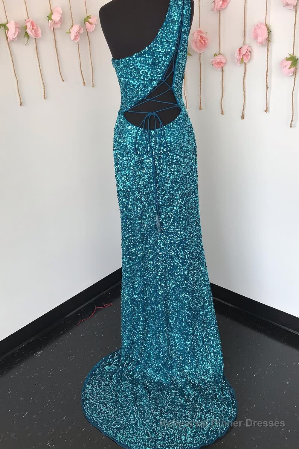 Sheath One Shoulder White Sequins Long Prom Dress with Split Front