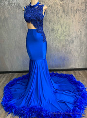 Sheath Royal Blue Mermaid Sleeveless High Neck Long Prom Dresse