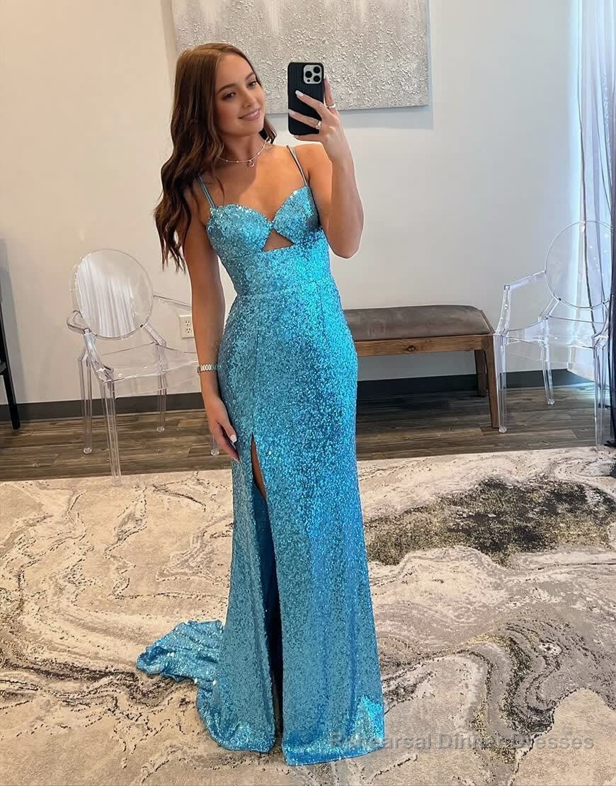 Sheath Spaghetti Strap Sequin Prom Dress with Slit Secondary image