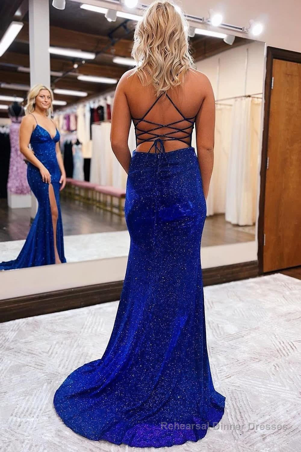 Sheath Spaghetti Straps Blue Sequins Long Prom Dress with Silt Secondary image