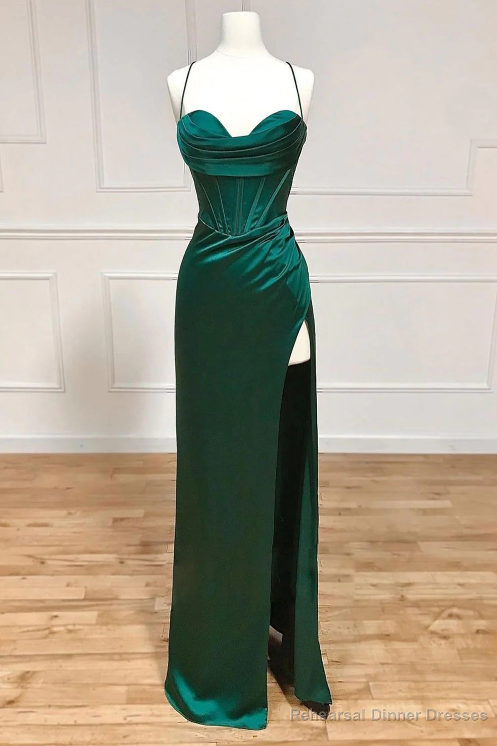 Sheath Spaghetti Straps Corset Satin Prom Dress with Split Main image
