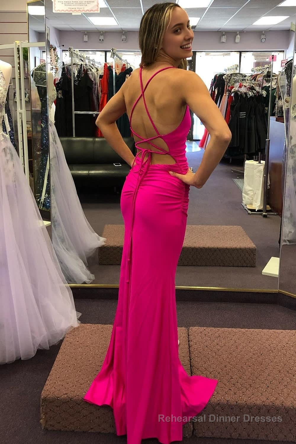 Sheath Spaghetti Straps Hot Pink Long Prom Dress with Silt Secondary image