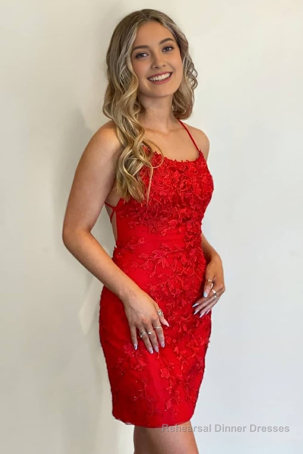 Sheath Spaghetti Straps Red Short Homecoming Dress with Appliques Main image