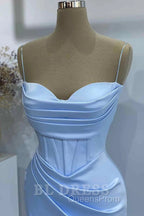 Sheath Spaghetti Straps Satin Pleated Light Blue Long Formal Dress Bridesmaid Dress Evening Gown Evening Prom Dress With Slit