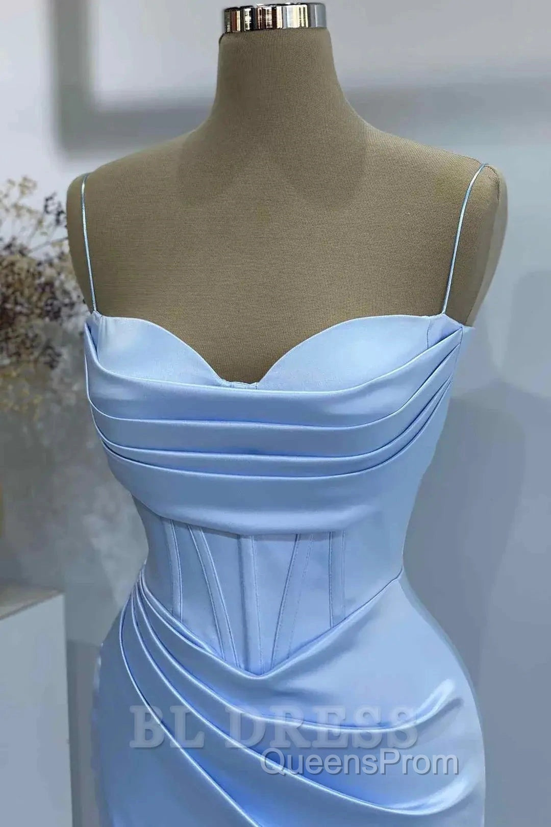 Sheath Spaghetti Straps Satin Pleated Light Blue Long Formal Dress Bridesmaid Dress Evening Gown Evening Prom Dress With Slit