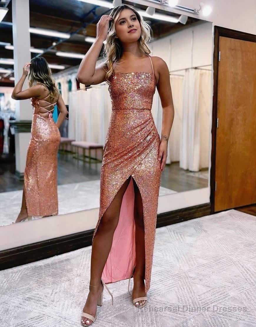 Sheath Spaghetti Straps Sequin Prom Dress With Front Split Secondary image