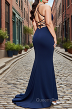 Sheath Square Neckline Sweep Train Navy Blue Plus Size Evening Prom Dress With Pleated Split Formal Evening Dress