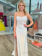 Sheath Strapless Corset Satin Prom Dress with Slit