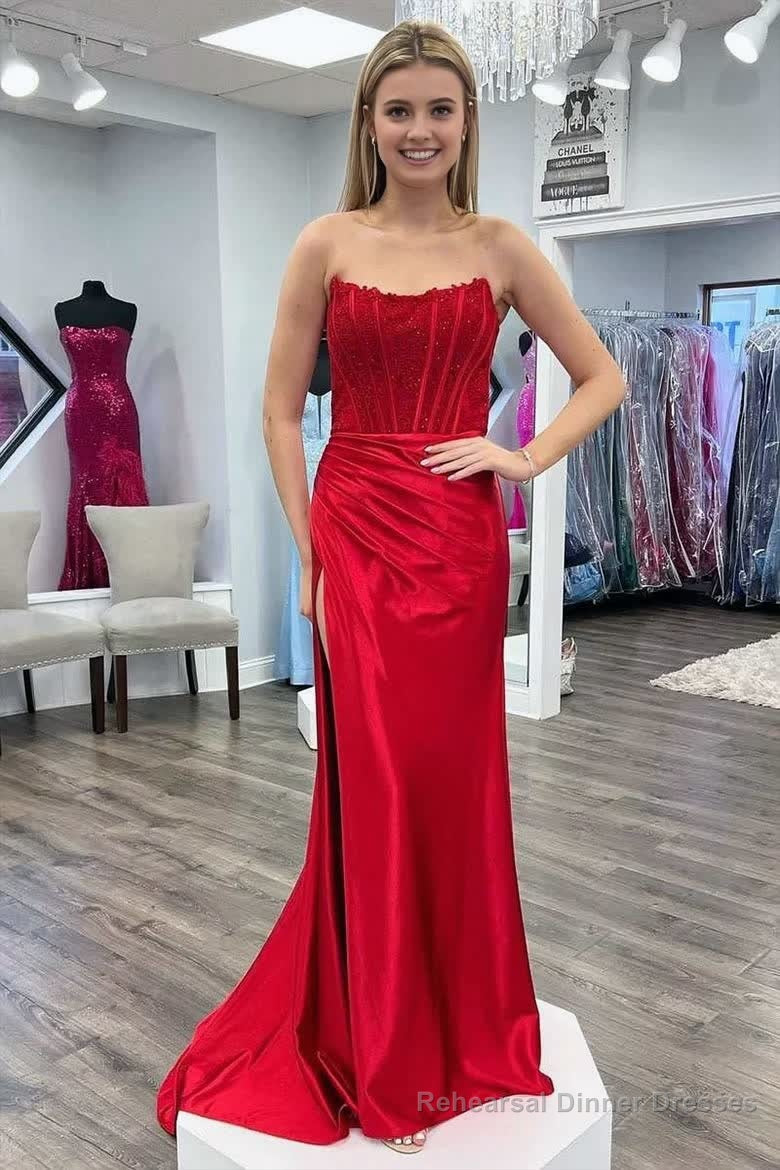 Sheath Strapless Corset Satin Prom Dress with Slit Main image