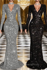 Sheath V-neck Long Sleeves Ruffles Sweep Train Velvet Sequins Dress