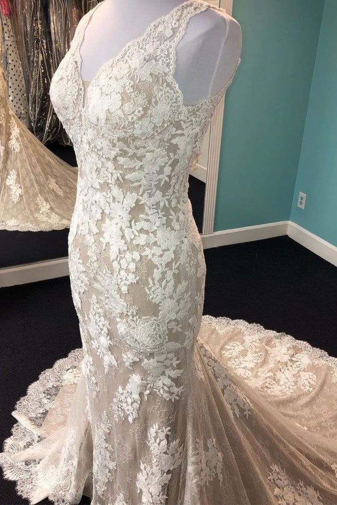 Sheath V Neck Straps Champagne Wedding Dress Tulle White Lace Sleeveless Long Bridal Gown Secondary image
