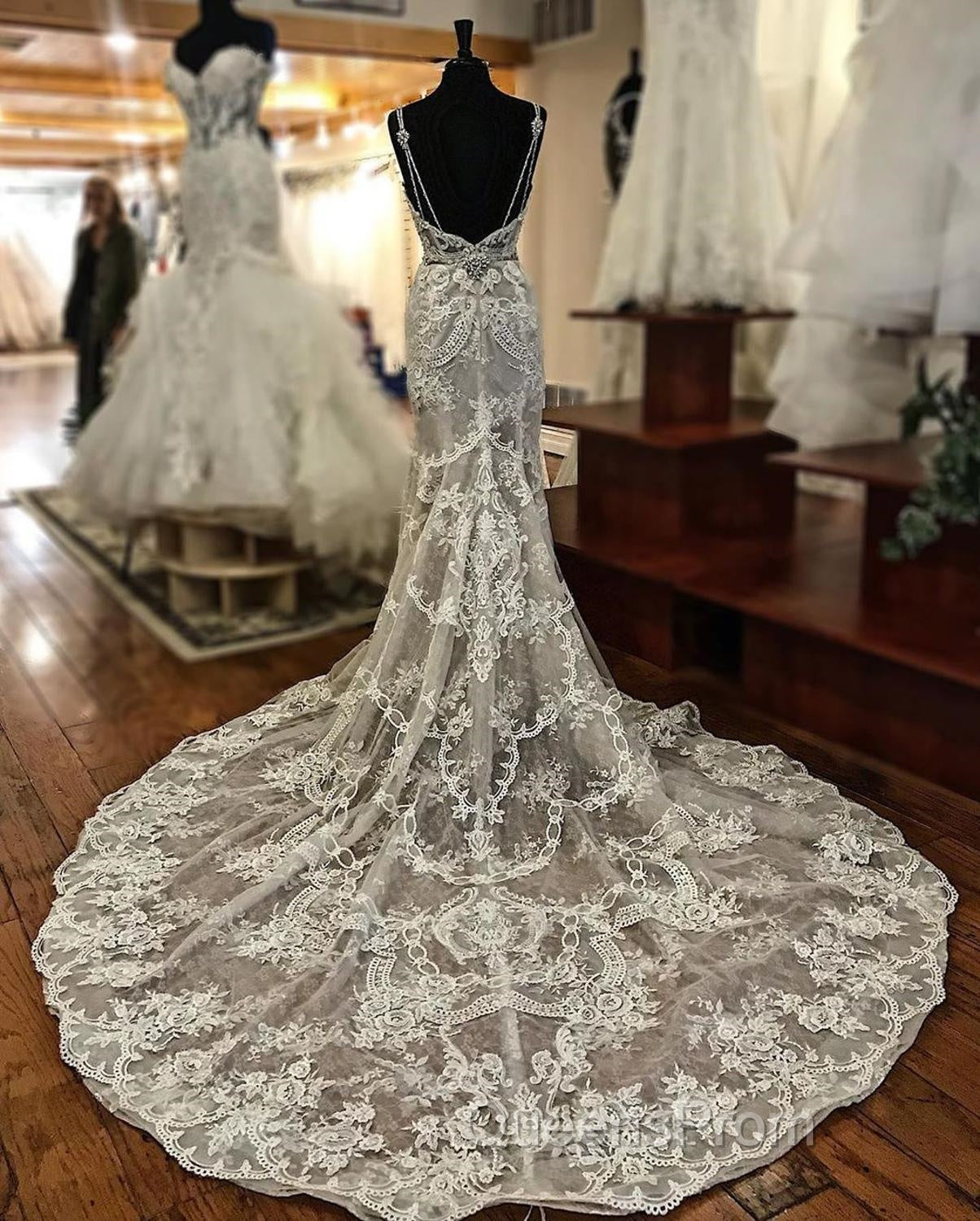 Sheath V-neck Wide Strap Floor Length Backless Tulle Lace Applique Wedding Dress Secondary image