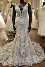 Sheath V-neck Wide Strap Floor Length Backless Tulle Lace Applique Wedding Dress