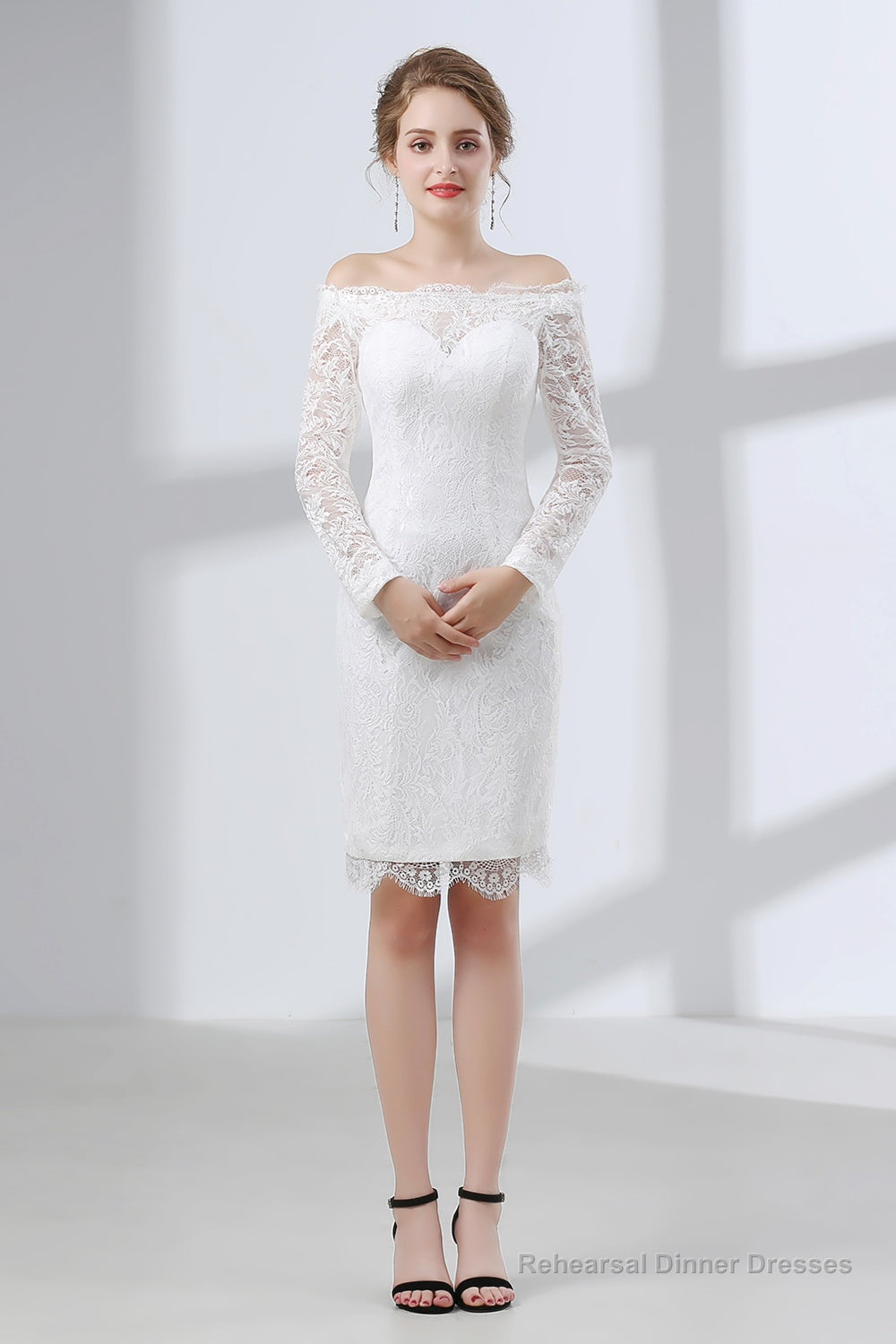 Sheath White Lace Off The Shoulder Long Sleeve Prom Dresses