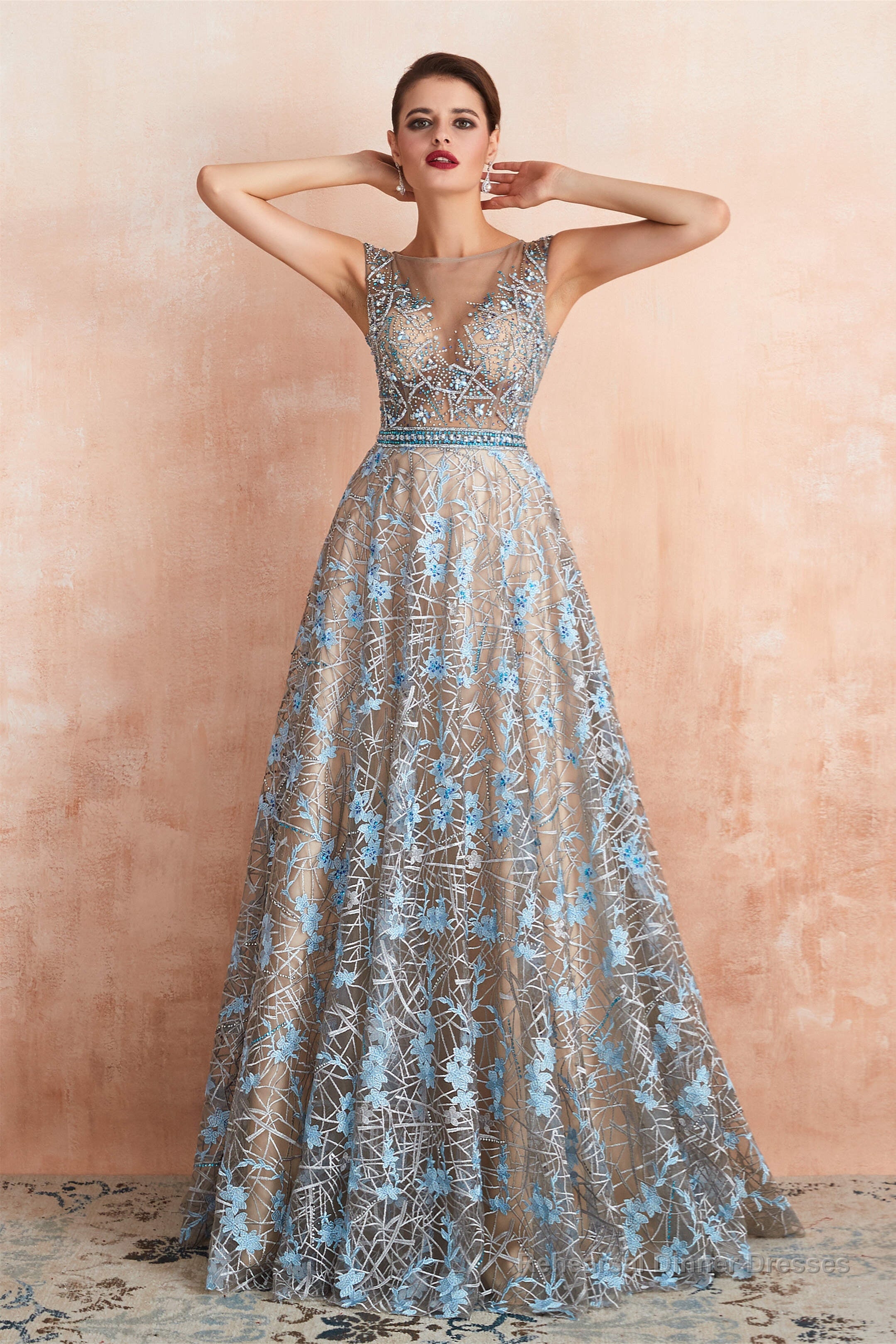 Sheer A-Line Lace Sequin Jewel Long Prom Dresses with Crystals Secondary image