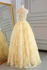 Sheer Appliques Lace A Line Yellow Evening Prom Dress