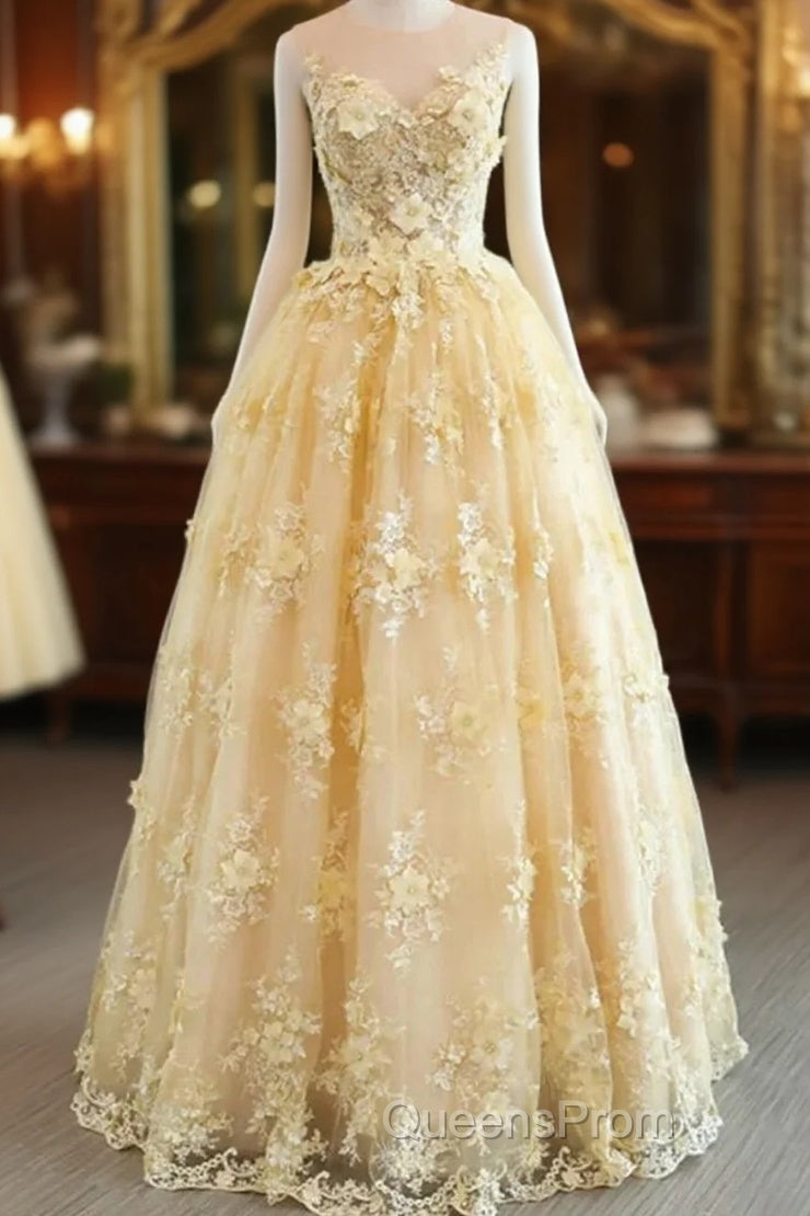 Sheer Appliques Lace A Line Yellow Evening Prom Dress Main image