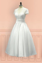Sheer Back Satin Buttons Tea Length Cap Sleeves Wedding Dress