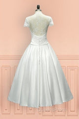 Sheer Back Satin Buttons Tea Length Cap Sleeves Wedding Dress