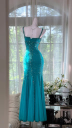 Shimmering Lake Blue Mermaid Beaded Chiffon Long Classy Prom Dress