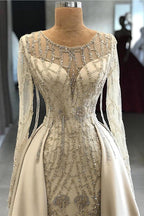 Shining Beaded Long Sleevess Round Neck Prom Dresses With Over Skirt A Line Evening Gowns