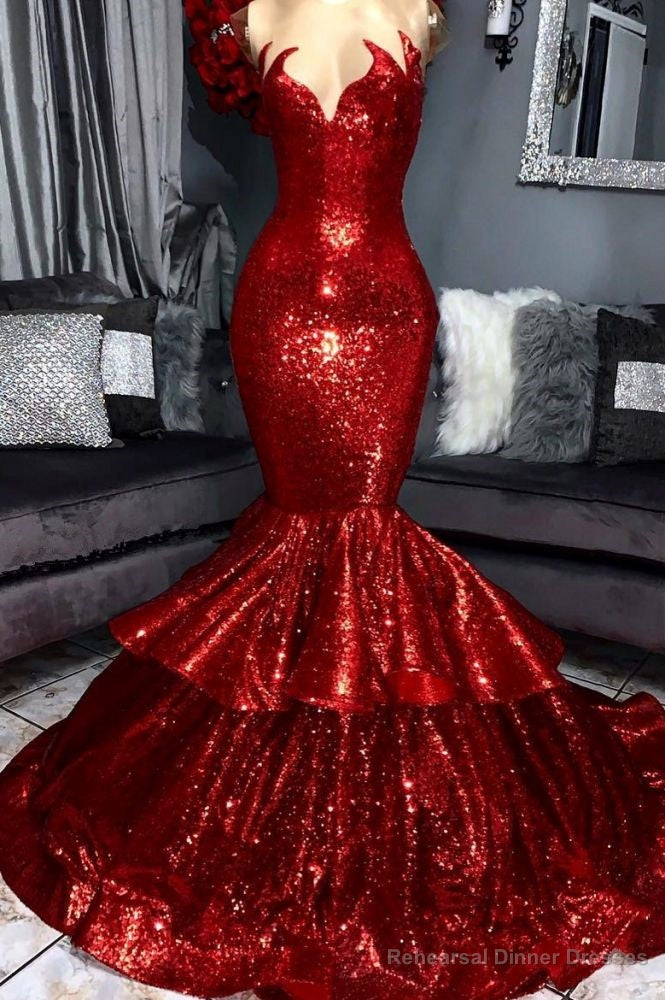 Shining Hot Red Mermaid Prom Party Gowns with Ruffles Main image